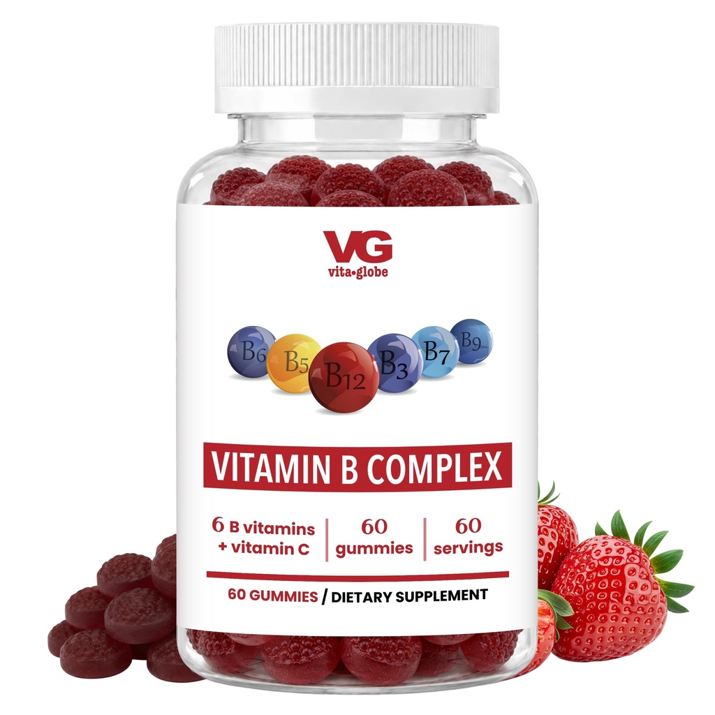 VITA GLOBE B Complex Gummy Vitamini – Jagodna aroma z vitaminom C, Niacin, B6, B12 & Biotin 
