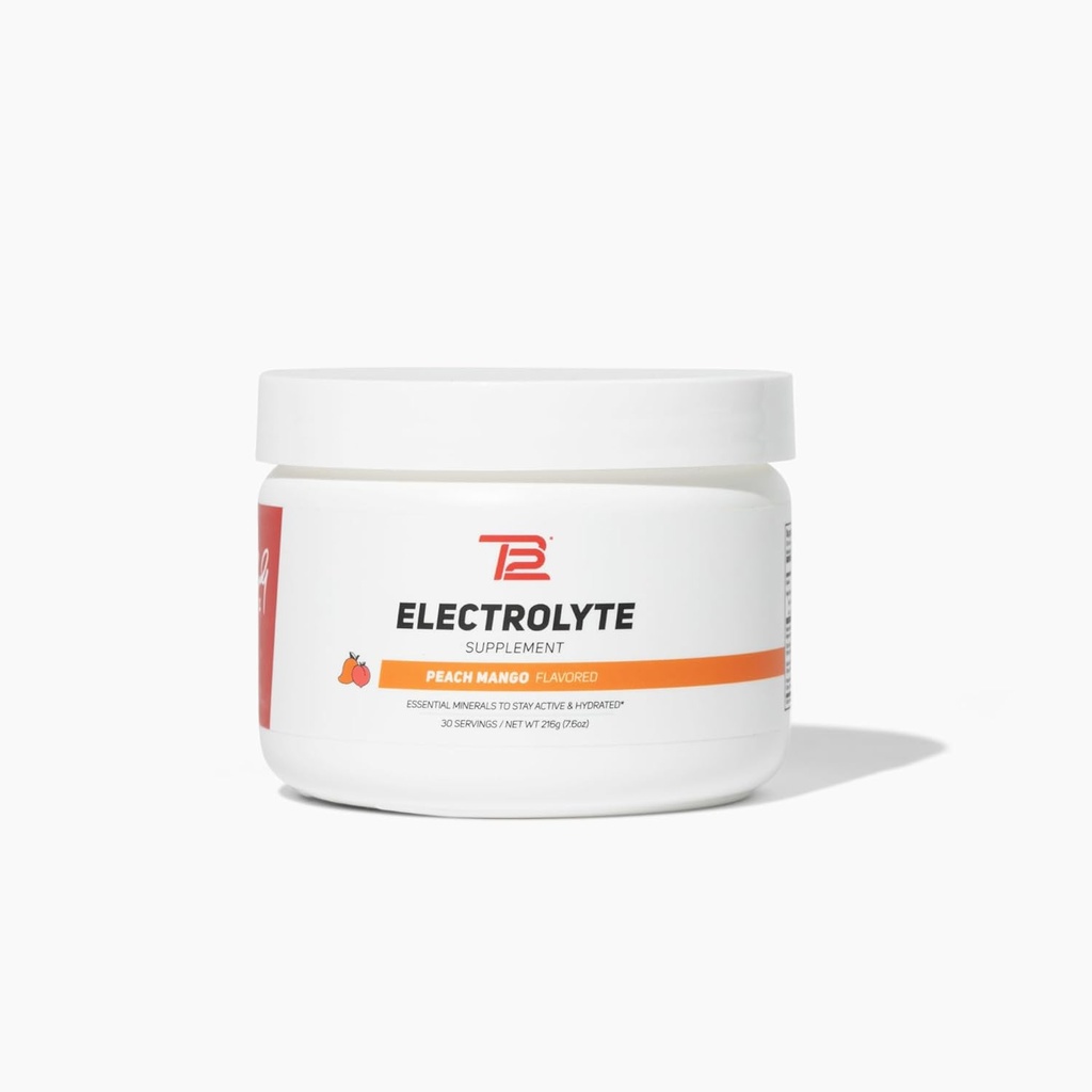 TB12 Elektrolit v prahu Peach Mango – Mineral-Rich Elektrolit v prahu za hitro hidracijo Tom Brady - Naravni, nizek sladkor, Vegan, Gluten-free, Enostavno za mešanje - 30 Serving (1 jar)