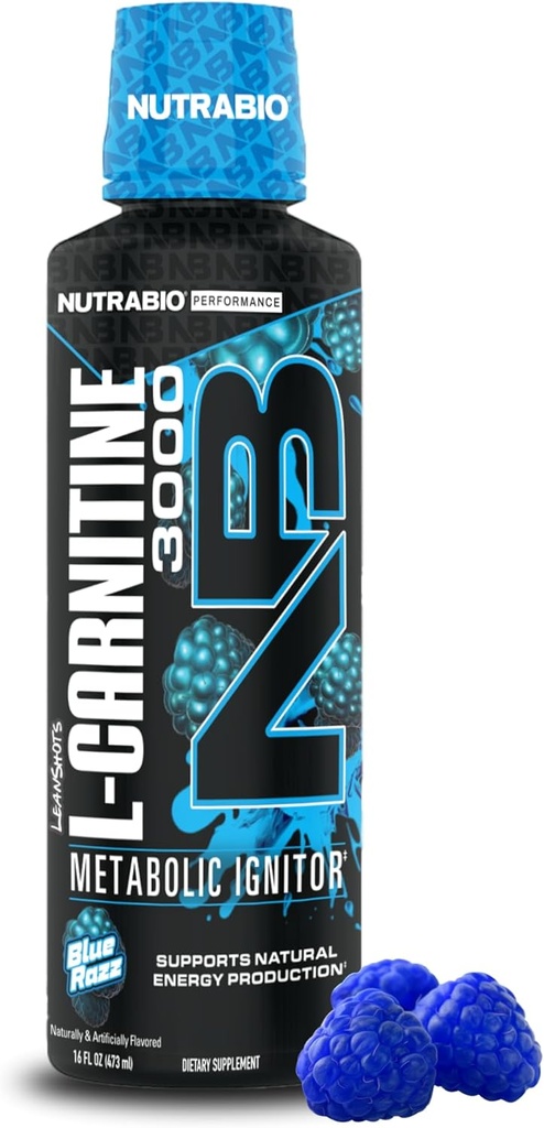 NutraBio – L-karnitin Liquid Shots – 3000mg, (Blue Razz) – 10mg vitamina B-5 – Nič ogljikovih hidratov in sladkorjev – proizvodnja energije – okrevanje mišic