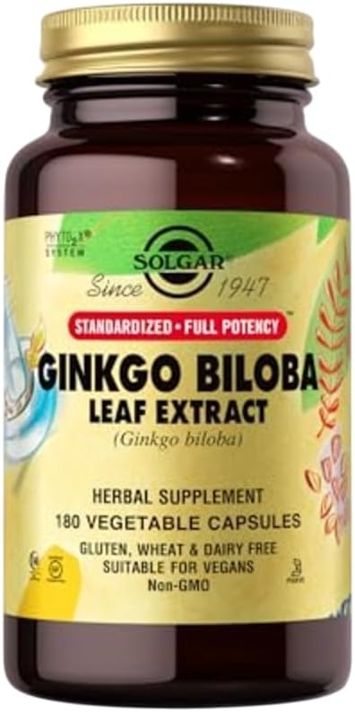 Solgar Ginkgo Biloba Leaf Extract - 180 Zelenjavne kapsule - Standardizirana popolna moč (SFP) - Non-GMO, Vegan, Gluten Free, Dairy Free, Kosher, Halal - 180 Služabniki