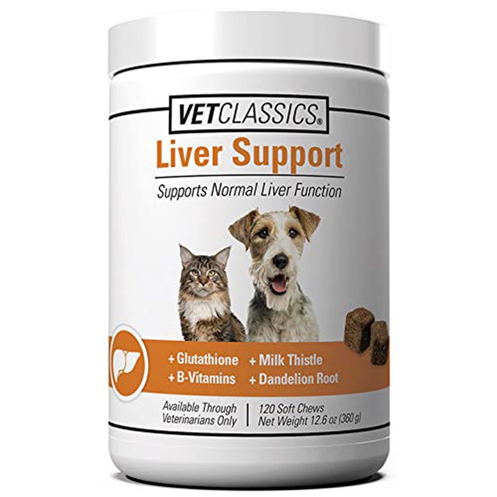 Vet Classics Jetrna podpora Zdravstveni dodatek za hišne živali za pse, Mačke – Jetrne funkcije – B-vitamini, glutation, Mlečni osat – Mehke tablete, Žveči – 120 mehkih žvečil