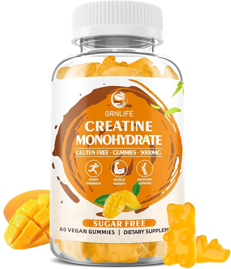 Kreatin Monohidrat Gumiji za moške in ženske, Žvečilni kreatin Monohidrat za mišično moč, mišice graditelj, energijski boost, sladkor brez, Vegan, mango arome 60 Število