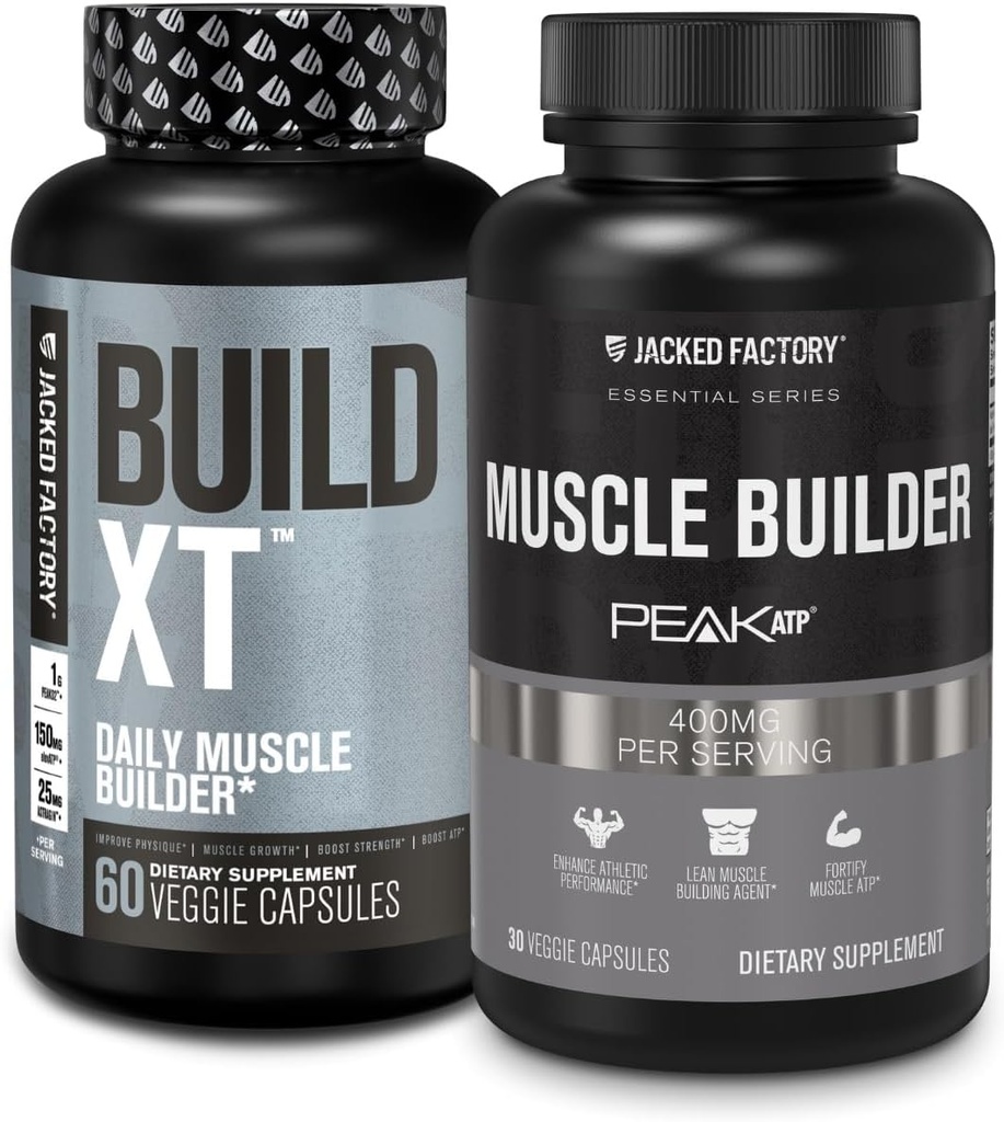 Tovarna jacked Stavba-XT Dnevni mišice Graditelj in zmogljivosti (60 kapsul) & Essentials Muscle Building dodatek za moč in rast (30 kapsul)