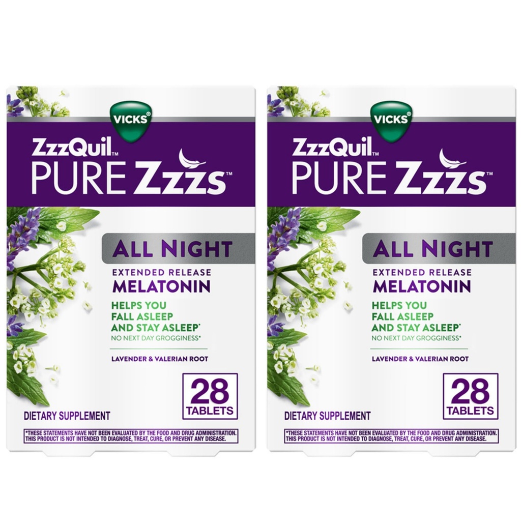 ZzzQuil Pure Zzzs All Night Extended Release, Melatonin Aid Tablets, pomaga vam ostati dlje v spanju, pomoč v spanju za odrasle, 2 mg na tableto, 56 Vse tablete (2 pakiranji po 28)