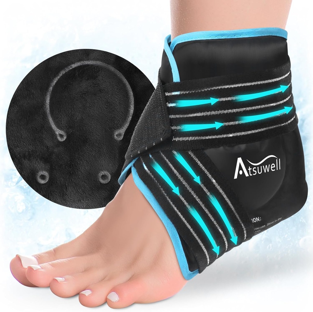 Atsuwell Ankle Ice Pack Ovitek, Reaserable Gel Ice Pack za nogo Angle Heel, Foot Ice Ovitek z mehko Plush Lining, Cold Compress Therapy za pomiritev nelagodje, črna