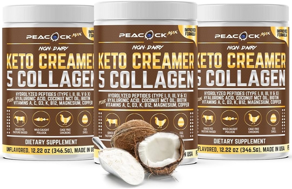 Kolagen Keto Coffee Creamer Prašek 12.22 oz, pakiranje po 3, hidrolizirani kolagen peptidi s kokosom MCT Olje, magnezij, nearomatizirani proteini v prahu, brez sladkorja kavo krema za napitke