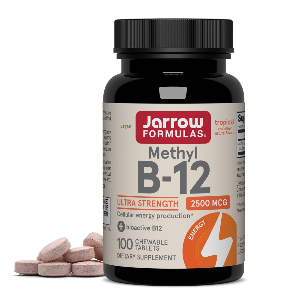 Jarrow Formule Ultra Strength Metil B-12, prehranska dopolnila za proizvodnjo celične energije, 100 Tropsko razžvečljive tablete, do 100 dni dobave
