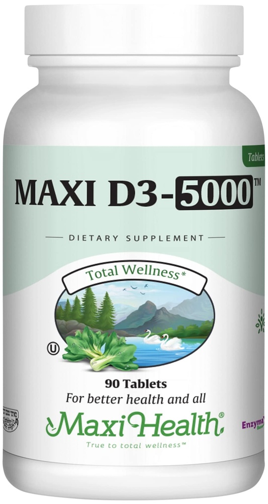 Maxi Health Vitamin D3 5000 i.e. (125 μg) - Vitamin D 5000 i.e. - Zdrave kosti, zobje, imunska podpora - Košir Čista visoka jakost Vit D3 (90 tablet)