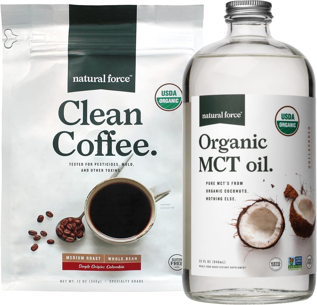 Naravna sila Ekološka čista kava + Organska MCT Oil Bundle – 100% Čista kokosova MCTs & Mold & Mycotoksin Free Coffee – Ne-GMO, Keto, Paleo in Vegan - 12 Oz Bag in 32 Oz Steklena steklenica