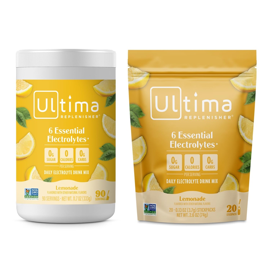 Ultima Replenisher Electrolyte Powder Drink Mix Bundle – Sugar Free – Limonada, 90 Serving Canister in 20 Stickpacks – 6 Elektroliti in minerali – Keto prijazno, Vegan, Non-GMO