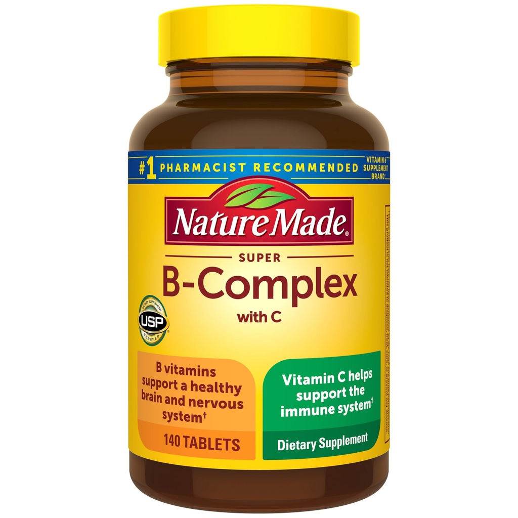 Narava Made Super B Complex z vitaminom C in folno kislino, B kompleksni vitamini za ženske in moške, prehranski dodatek za imuno podporo, 140 tablet, 140 dnevno oskrbo