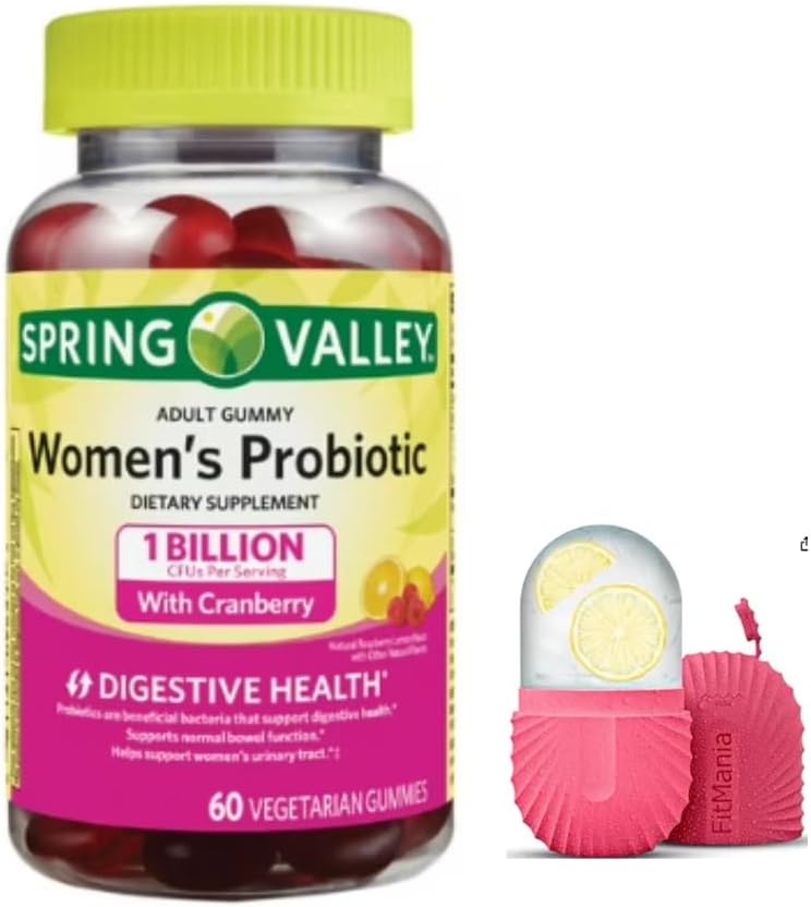 FitMania Spring Valley Ženske brusnice probiotični dodatek Spring Valley vegetarijanske Gummies, Malina Lemon, 60 Število in darilo Ledeni valjar za obraz