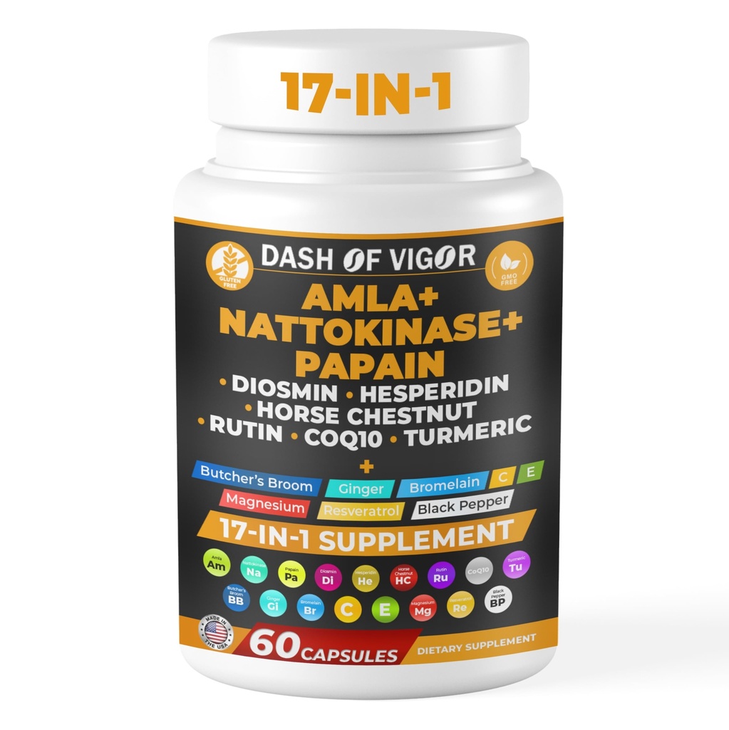 Dash iz ekstrakta Vigor Amla, Nattokinase, Papain, Diosmin, Hesperidin, Mesarji Broom, Konjski kostanj, CoQ10, Kurkuma, Vitamin C in Rutin - 60 kapsul