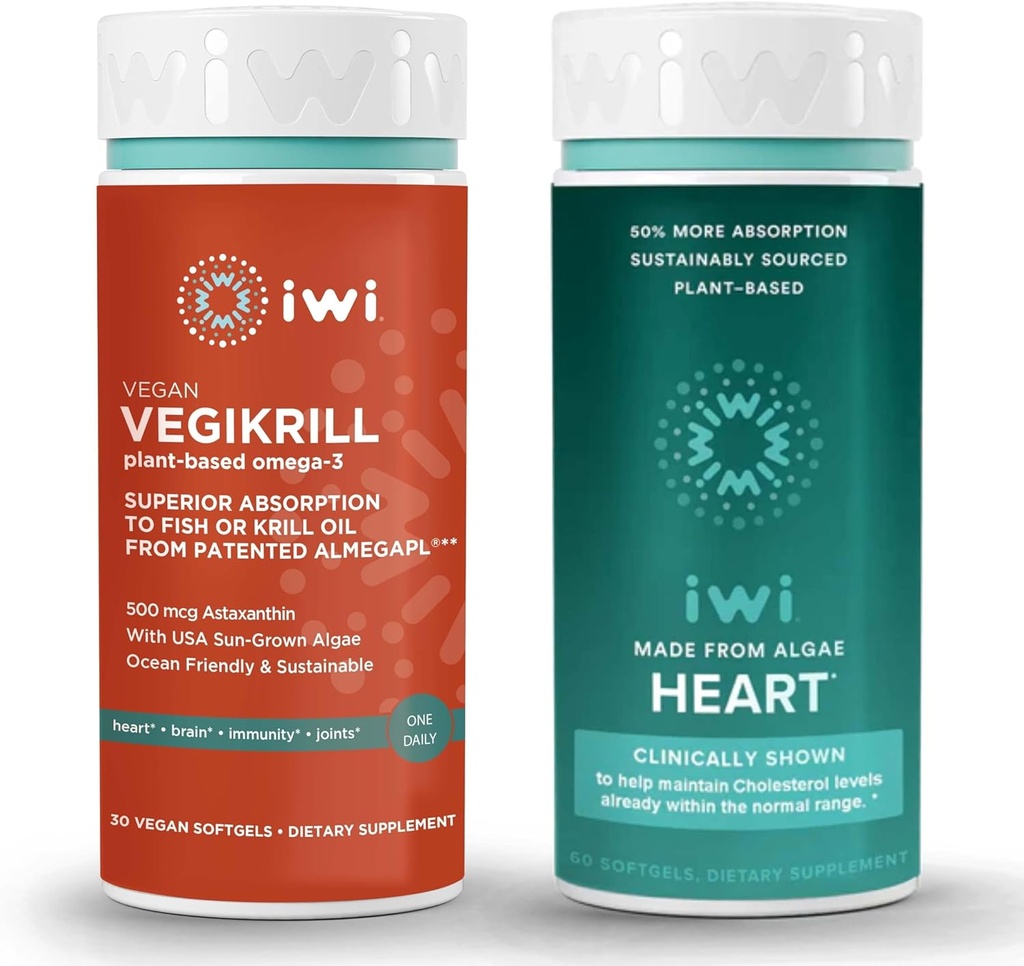 iwi Life Vegikrill & Heart Omega-3 Bundle, 30 Servings, Vegan rastlin na osnovi Algae Omega 3, Krill & ribje olje Alternative, Brez ribjega pookusa