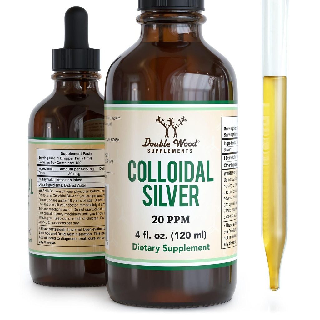 Koloidni srebro tekočine 20 PPM - 4 Fl OZ (Plata Coloidal z kapalko) 99,9% Pure, Gluten prost, Non-GMO z dvojnimi lesenimi dodatki