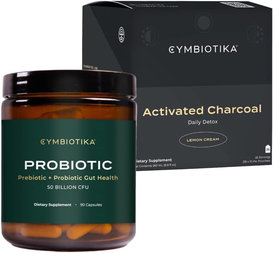 CYMBIOTIKA Probiotik 50 milijard CFU & aktiviran Charcoal tekoči dodatek, podpira zdravo prebavljanje za moške in ženske, želodčno razstrupljanje in prebavna olajšava, pomaga blažiti plin in napihnjenost, enostaven za uporabo