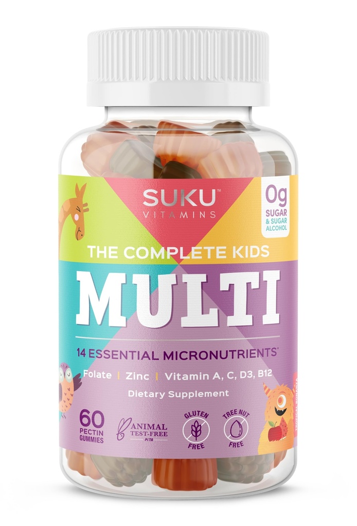 SUKU Popolni otroci multivitaminski žvečilni gumiji – vitamini A, C, D, E, B6, B12, Folat & cink – Imunska podpora, brez sladkorja, brez glutena, ne-GMO, Tropical Bonanza Flavor – 60 Count