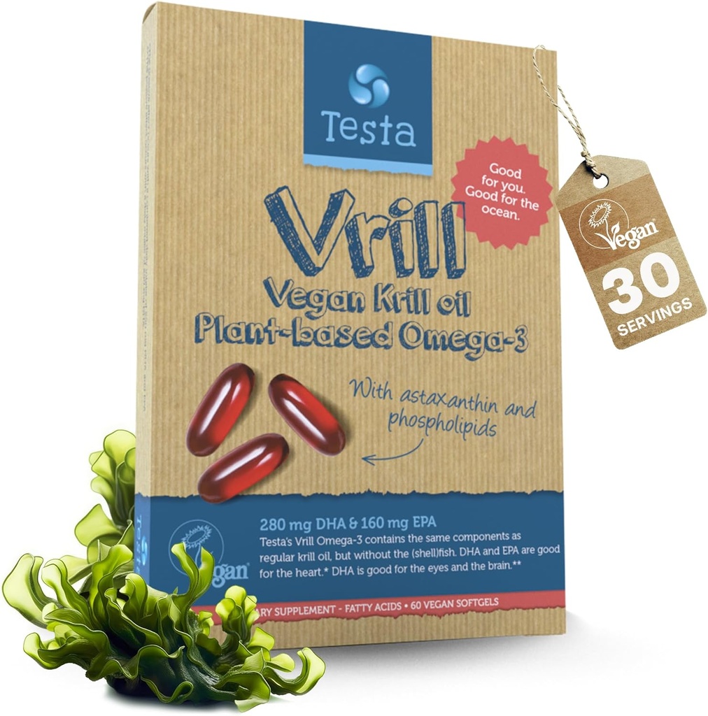 Testa Omega 3 Vegan Krill dodatek-1000mg Mehkužci, 2 krat več Omega-3, DHA, EPA, Astaksantin, Fosfolipidi - srce, možgani, oči, skupna podpora - Ni iz rib, Alge Vir - 60 Softgels