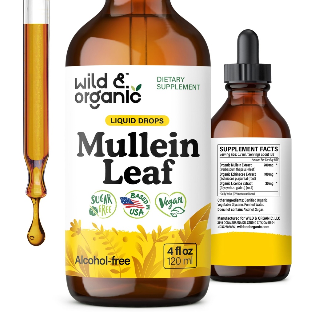 Wild & Organic Mullein Tinkture - Lung Cleanse and Detox - Liquid Mullein Leaf Extract za pljuča z Echinacea - Verbascum Thapsus kapljice - Vegan, Sugar & Alkohol-free dodatek - 4 fl oz