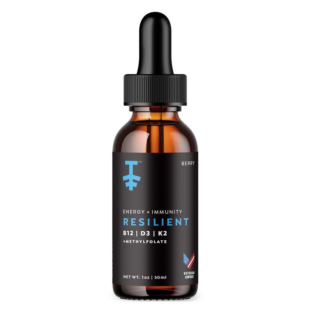 PROTEKT Resilen vitamin D3 K2 B12 Kapljice - Tekoči B12 K2 D3 Vitamin dodatek z metilfolatom, tekoče kapljice za energijo in regeneracijo, Methy Folat za spanje in Mood - Naravna Berry 30ml