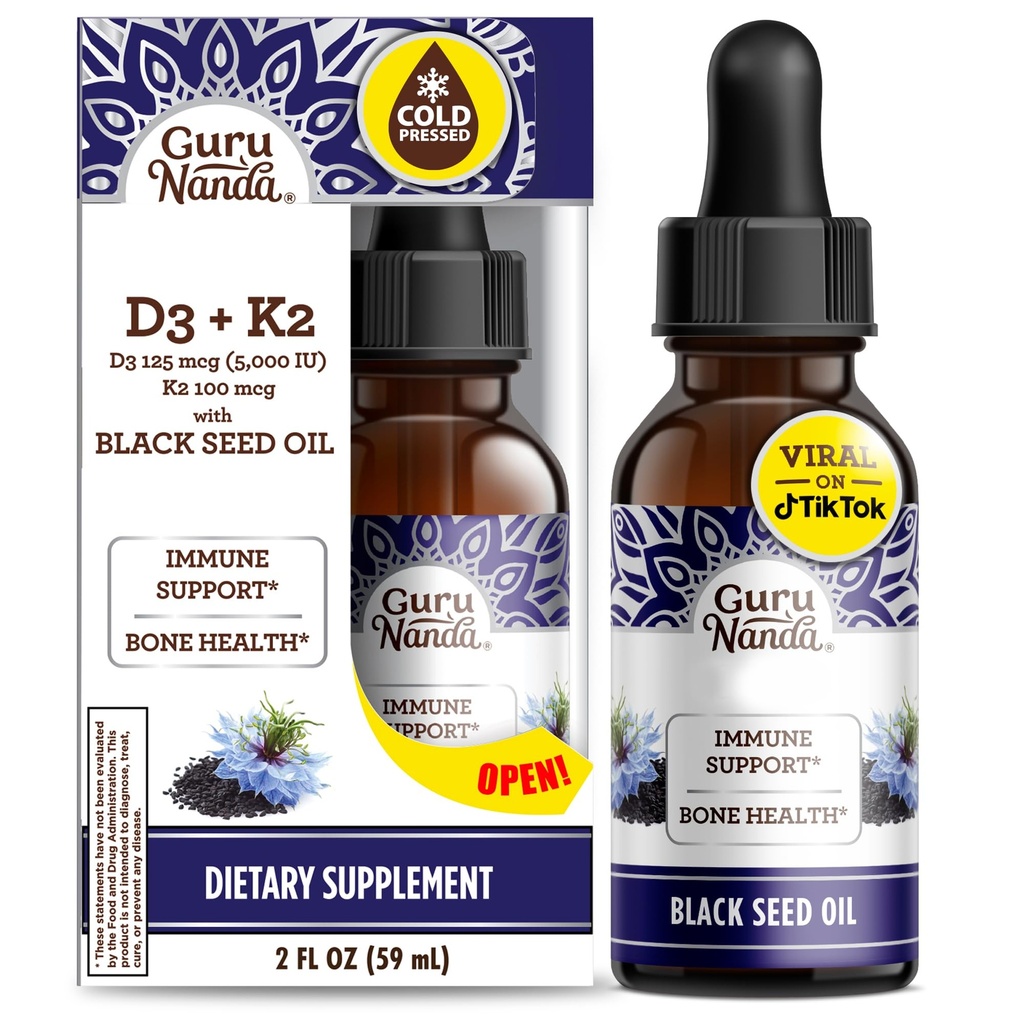 GuruNanda Black Seed Oil, Cold-Presed Nigella Sativa - bogata z vitaminom D3 5000 enot, K2 & E, visoki timokinon 