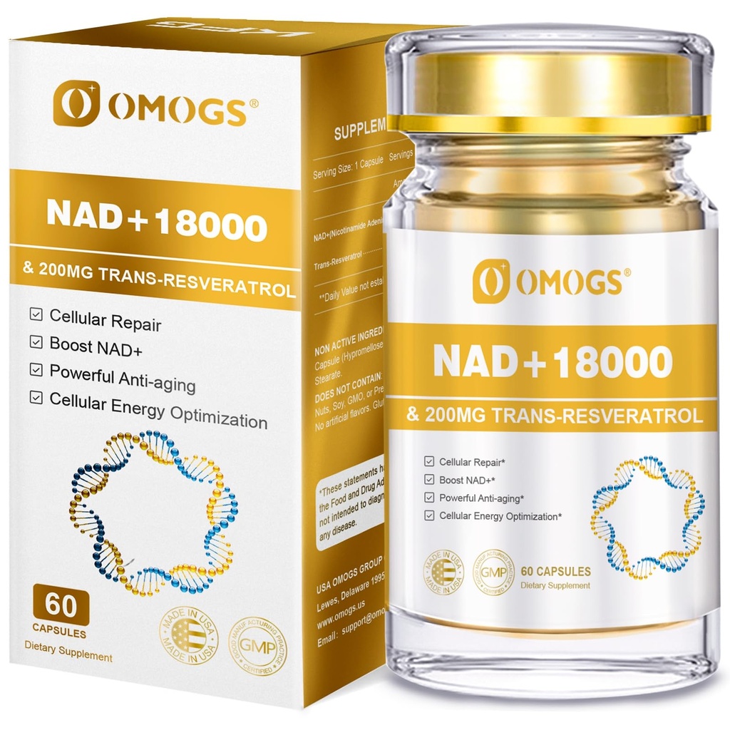 OMOGS NAD+ 300 mg + Trans-resveratrol 200 mg, Pure NAD dodatek, Max Absorpcija, povečanje dopolnilo za popravilo DNK, zdravo staranje, celična energija in dolgoživost, 60 kapsul