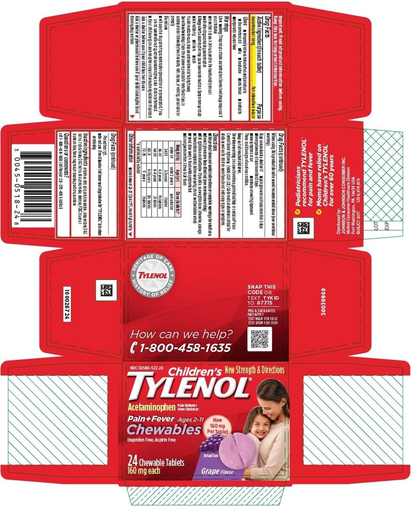 Tylenol Otroška bolečina + vročina Žvečljive tablete Grozdna aroma - 24 ct, pakiranje po 4