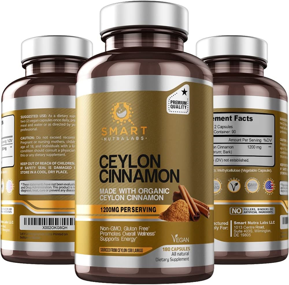 Smart Nutra Labs Organic Ceylon Cimet Dodatek 1200mg na služijo, 180 Veganske kapsule, 100% Pure, True Ceylon Cimet