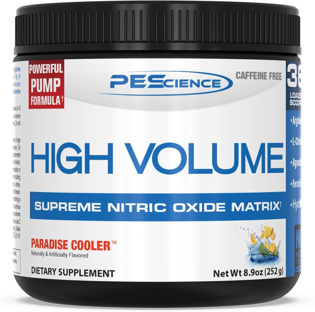 PEScience High Volumen Kofein Brezplačna črpalka Pred vadbo, Paradise Cooler, 252 Gram