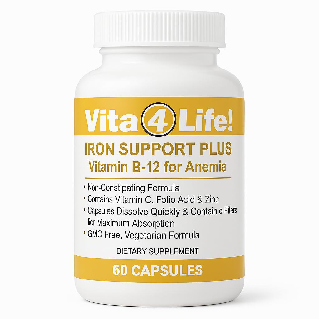Vita4Life!® Iron Support Plus - 40mg Železo z vitaminom C, B-12, Folno kislino in cinkom - 60 kapsul - nekonstipacijska formula za podporo in energijo rdečih krvnih celic - Vegetarian & GSO-free