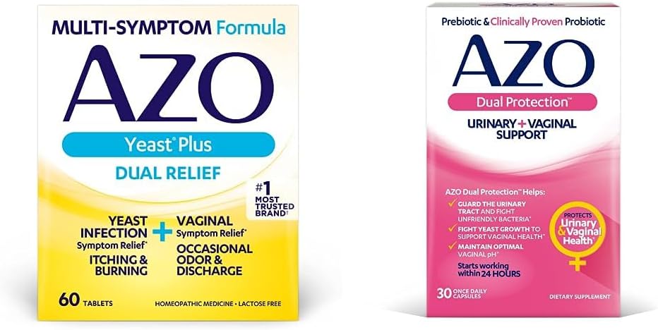 AZO Yeast Plus Dual Relief 60 tablet, Okužba z kvasovkami in vaginalni simptomi Relief + Dualna zaščita, Podpora v urinu + vaginalna podpora*, Prebiotik Plus Klinično dokazano število probiotičnih žensk 30