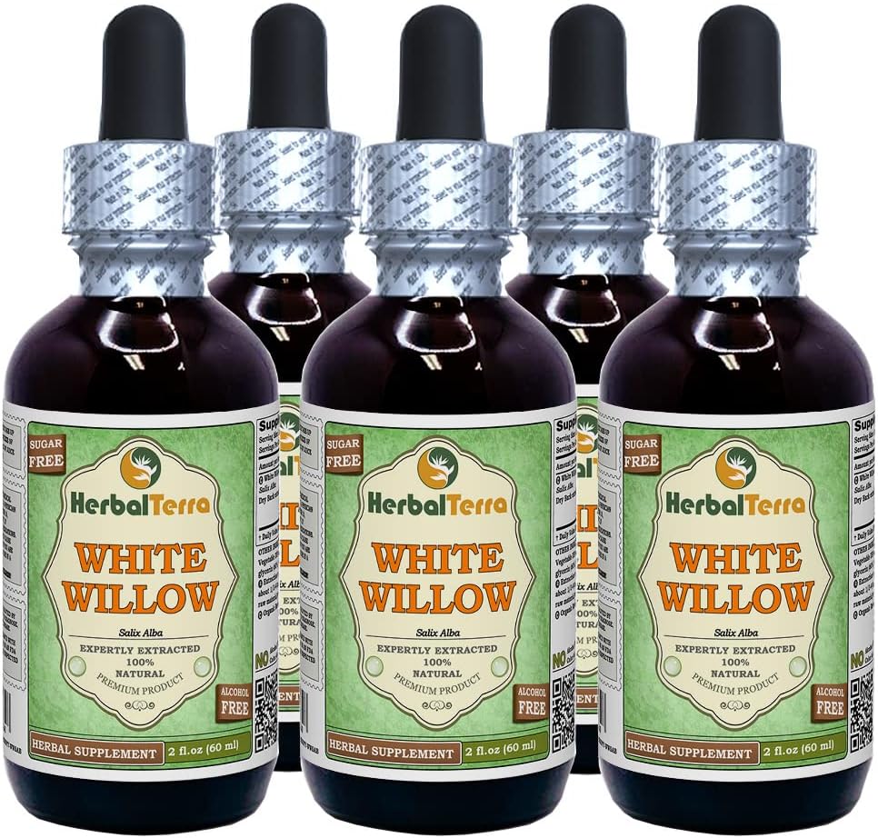 Bela vrba (Salix Alba) Glicerit, Tekoči ekstrakt organsko sušenega čokoladnega čokoladice (Brand name: HerbalTerra, Ponosno izdelan v ZDA) 5x2 fl.oz (5x60 ml)
