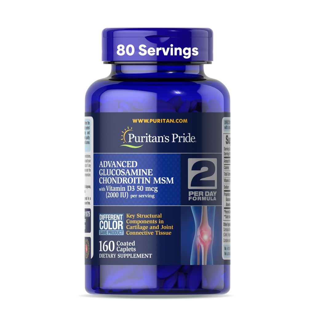 Puritan's Pride Advanced Glucosamine Chondroitin MSM z vitaminom D3 50mcg (2000 i.e.), prehranska dopolnila za skupno zdravje, 80 Servingov, 160 obloženih tablet