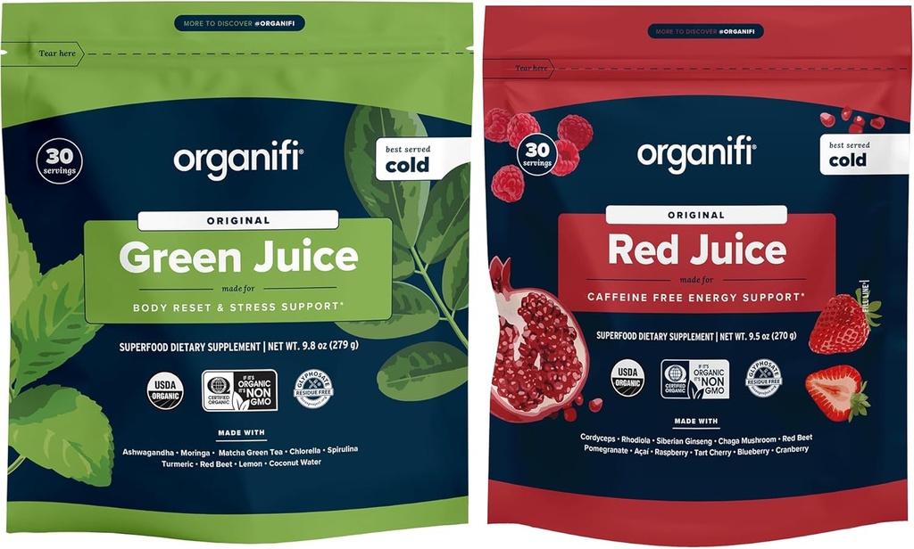 Organifi Green Juice in Red Juice Bundle - 30 dan dobava - Okusen, osvežilni organski Superfood dodatek v prahu z antioksidanti za energijo in podporo za stres - Brez GSO, Gluten, ali Soy