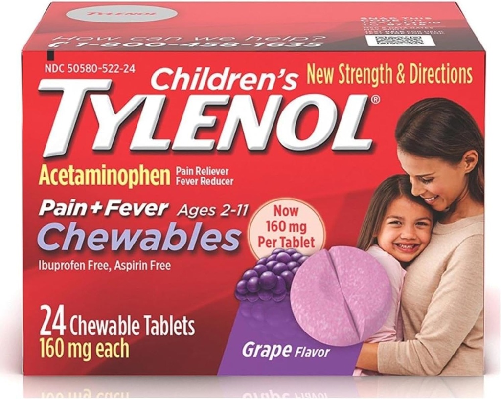 Tylenol Otroška bolečina + zvišana telesna temperatura Žvečljive tablete 160 mg, grozdna aroma 24 ea (3 pakiranja)