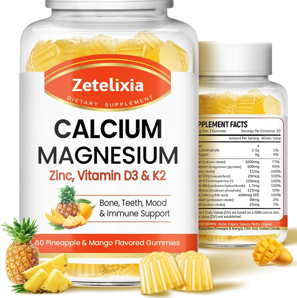 Kalcijeve žvečilke za ženske moške, kalcij magnezijev cink z vitaminom D3 & K2, kalcij Magnezij dodatek za mišice B0nes, Ananas & Mango Flavor - 120 Count