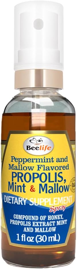 Beelife Propolis Razpršilo za grlo – Pomirjujoč med, Mint & Malva - Naravna imuno-pomoč in vnetje za grlo, antioksidanti, bogata z Flavonoidi & Artepillin C, Brez sladkorja, Gluten-free - 1-Pack, 30ml