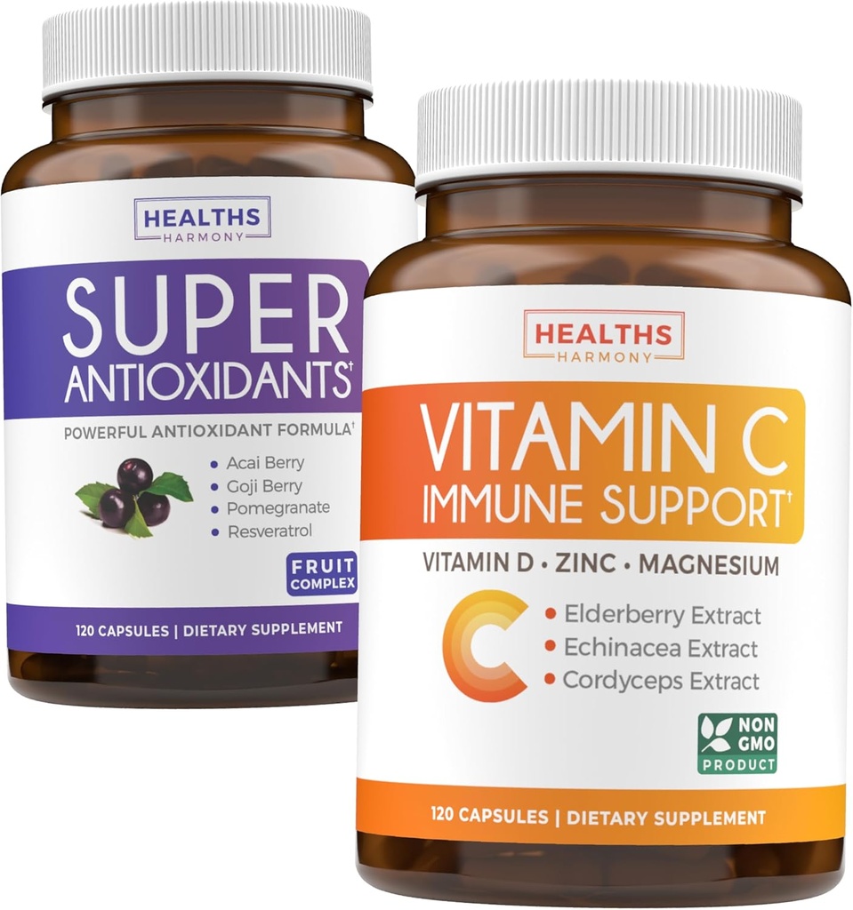 Antioksidanti & Imunska podpora (2-mesečna oskrba) Imunska vitalnost Mešanica - Super antioksidanti - Močna Super Hrana Dnevna mešanica (120 Caps) & Imunska podpora dodatek z Bezgov vitamin C in cink