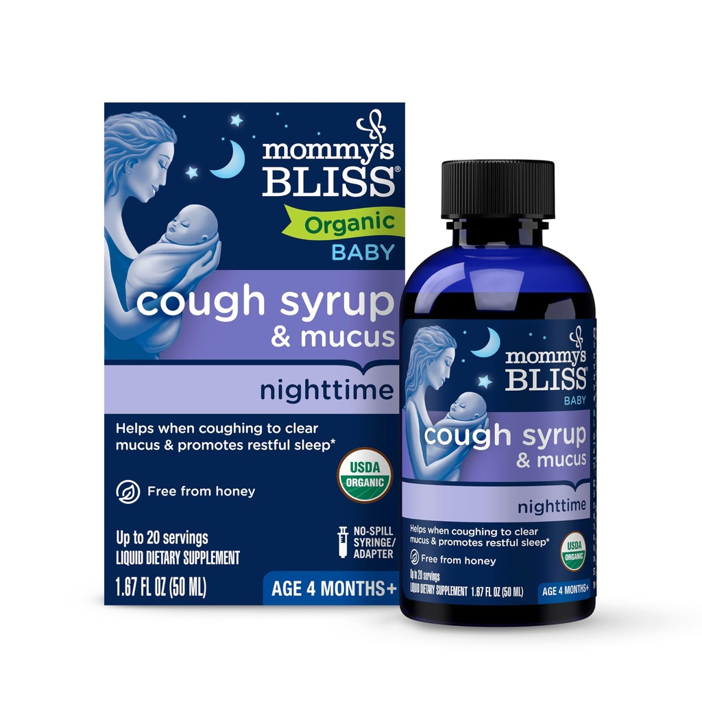 Mamina Bliss Organic Baby Cough Syrup & Mucus Night Time, Vsebuje organske agave in Ivy Leaf, Made for Baby 4 mesec+, 1.67 Fluid Ounces