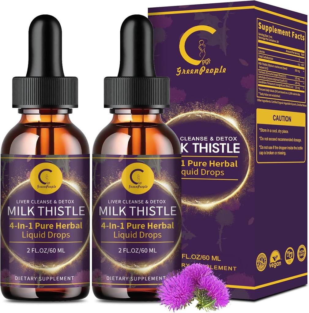 (2 paket) Tekoče kapljice za čiščenje jeter Detox in popravila, Milk Thistle dodatek z regrat, Artichoke & Kurkurja za podporo jeter in imunskega zdravja, Vegan, Non-GMO, 4 FL OZ
