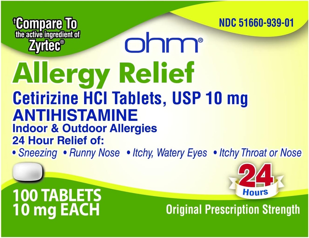 Ohm Cetirizine 10 mg Tableta - All Day Alergy Relief - 100 Štetje - Antihistaminik za Hay Fever, Pollen, Suhe Srbeče oči - Učinkovita olajšava iz vseh dnevnih alergij