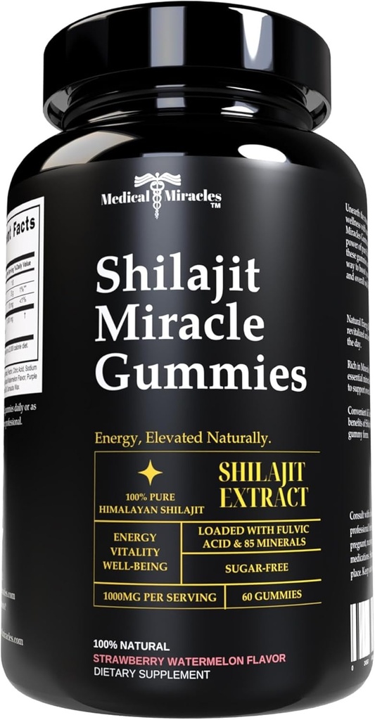 Medicinski čudeži Shilajit Gumies - 1000mg Čisti himalajski ekstrakt w/Fulvična kislina, Vegan, Sugar-free, Visoka moč. Energija in imuniteta Podpora z več kot 84 Minerali. 60 okusnih žvečilnih gumijev