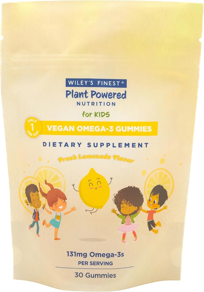 Wiley's Finest Kids Vegan Omega-3 Gumies - Naravni sladkor - Vegetarijanski DHA, ALA & SDA - Gluten Free - Limonina aroma, 30 Gummies