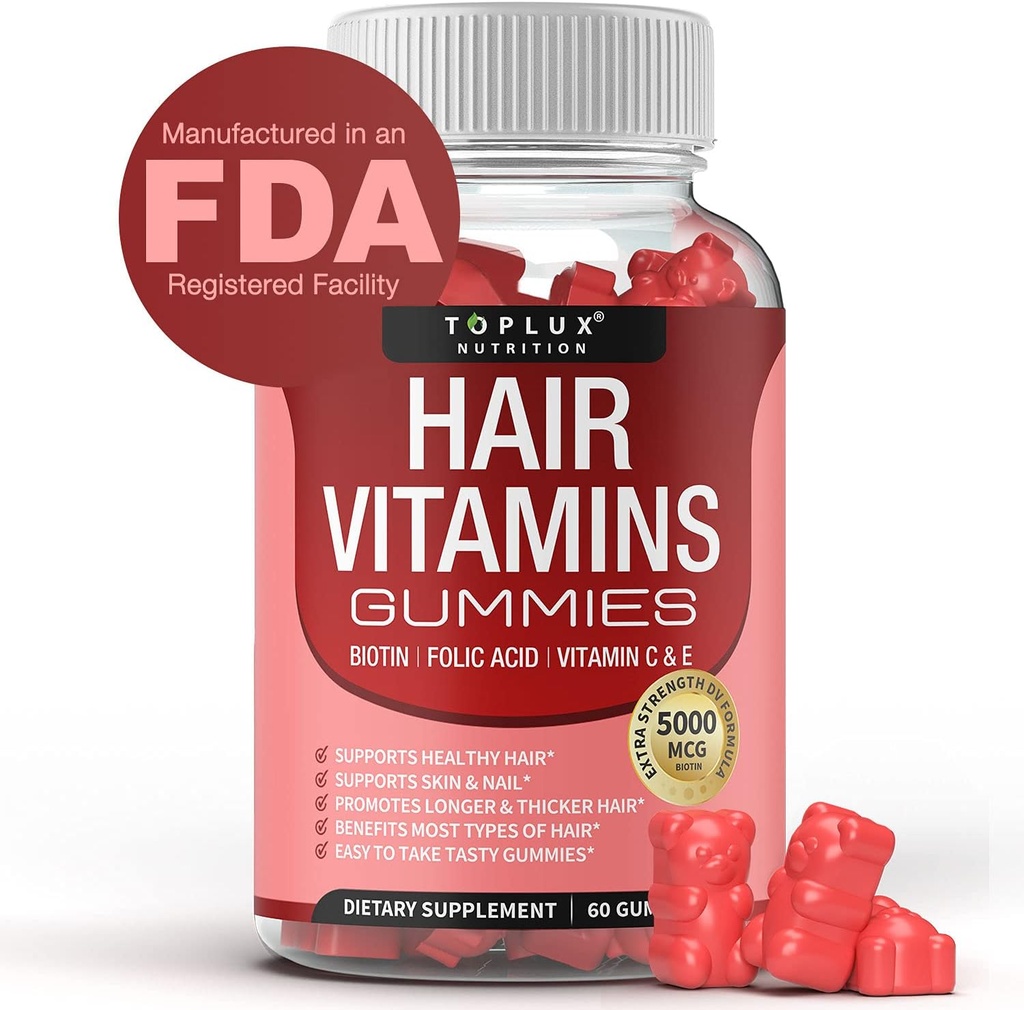 Vitamin las Gumies Dopolnilo za ženske & moške – Rast las Vitamini 5000mcg Biotin Gumies, Folna kislina, Vitamin C & E, Podpora Močnejši & Debeli lasje, Koža, Nails, Non-GMO Vegam za, 60 Count