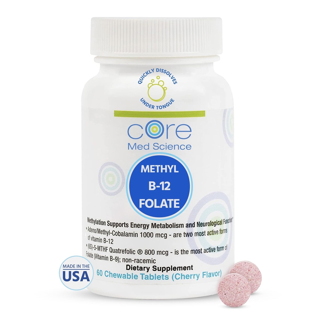 Core Med Science Metil B12 Folate dodatek za ženske in moške - 5-MTHF tablete podpora Mood, Kognitive, & Health - metilfolate Vitamin B9 za Homocystein ravni in metilacija cikel (60 Count)
