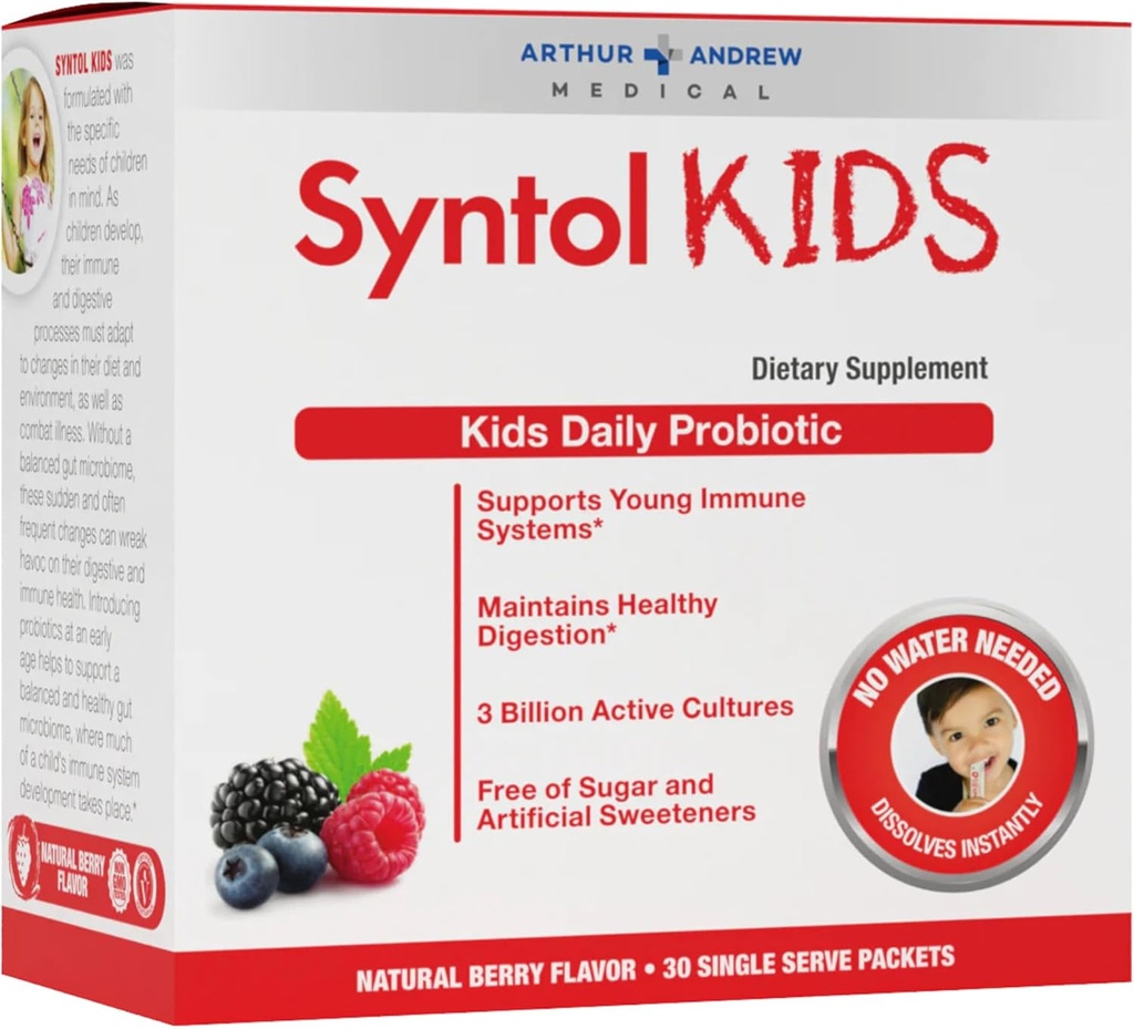 Arthur Andrew Medical, Syntol Kids, Dnevni probiotični dodatek za digestivno zdravje in mlade imunske sisteme, Brez sladkorja ali umetnih sladil, Berry Flavor, Vegan, 30 Sachets