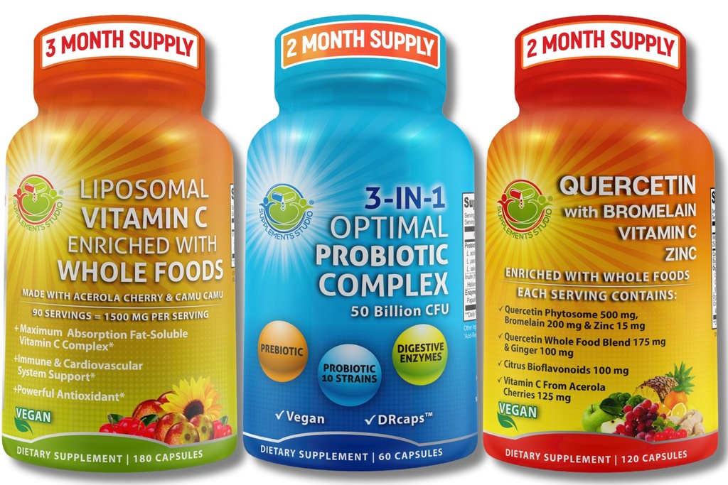 Imuno & Gut Health Bundle – 3-v-1 probiotik z encimi in prebiotiki + Quercetin z bromelainom, cinkom, vitaminom C in organskimi celimi živili + liposomski vitamin C 1500mg z organskimi Acerola & Camu Camu
