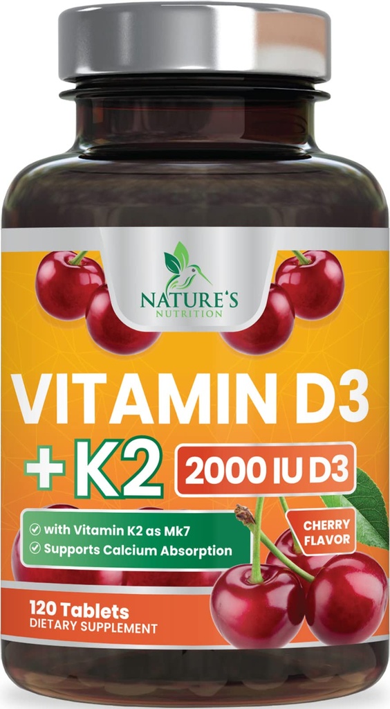 Vitamin D3 K2 2000 i.e. Plus s K2 (MK-7) 75 μg - Vitamini D & K kompleks dopolnilo za kosti, zobe, mišice, kalcijevo absorpcijo, podpira zdravje imunskega sistema in srca, ne- GMO žvečljiva formula - 120 tablet