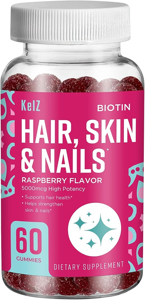 KelZ Biotin las, kože in nohti Dopolnilo Gummies, Raspberry Flavor, 60 Število (Pack od 1)