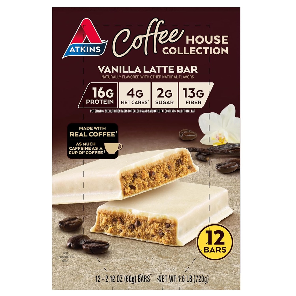 Atkins Coffee House Collection Vanilla Latte Bar, 16g beljakovin, 2g sladkorja, 4g neto ogljikovih hidratov, 13g vlaknin, 12 grofov